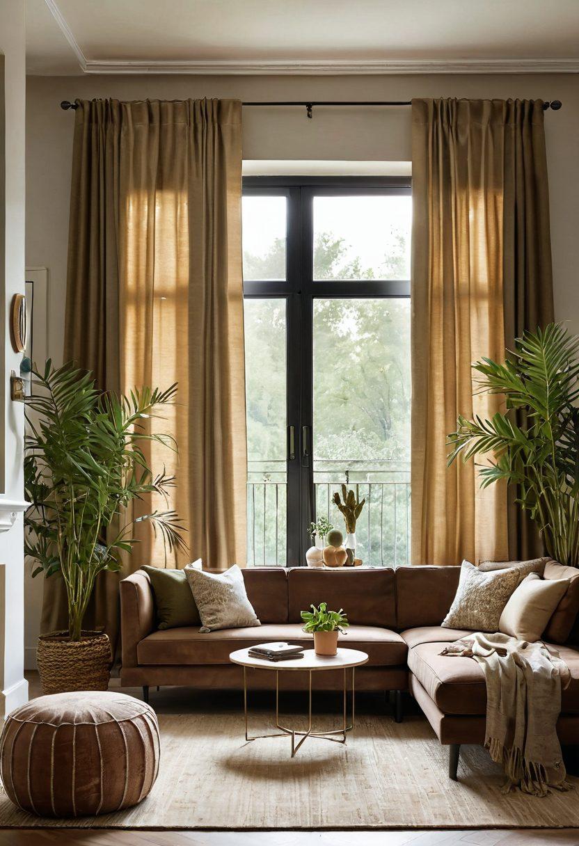 A beautifully styled living room featuring eco-friendly fabrics, showcasing chic curtains, cushions, and a sustainably sourced rug in elegant earth tones. Incorporate plants for a touch of nature, with sunlight streaming in through large windows highlighting the textures of the fabrics. The overall ambiance should convey tranquility and sophistication, perfect for eco-conscious home decor. super-realistic. soft lighting. earthy colors.
