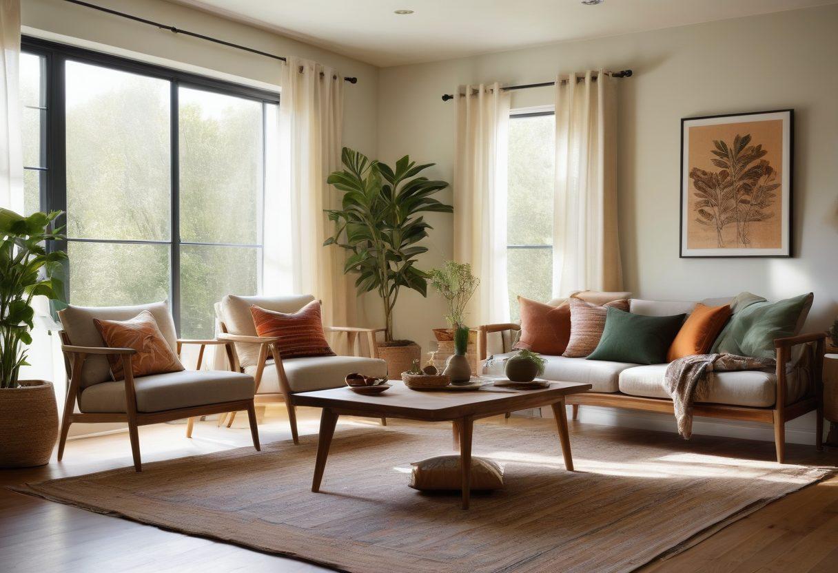 A beautifully staged modern living room featuring an array of sustainable textiles, including organic cotton cushions, hemp curtains, and recycled fabric rugs. Incorporate greenery, natural light, and warm tones to enhance the cozy atmosphere. Display a stylish dining area with matching upholstered chairs, all set against a backdrop of sustainable décor elements. Evoke a sense of harmony and eco-friendliness. super-realistic. vibrant colors. soft natural lighting.