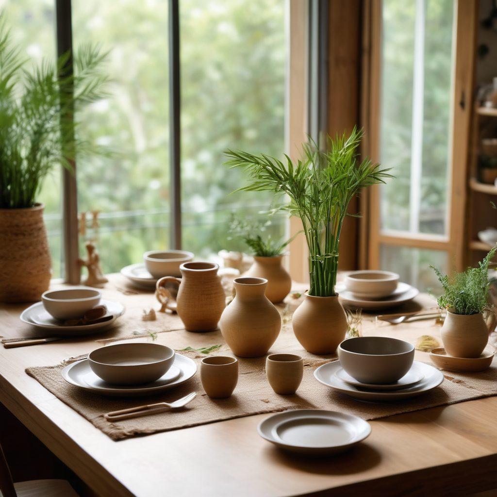 An inviting dining table adorned with eco-friendly tableware made of bamboo and recycled materials, surrounded by plants and natural light streaming in through a large window. To the side, showcase decorative accessories like handmade ceramics and wooden sculptures that emphasize sustainability, blending harmoniously with the setting. The atmosphere should feel warm and welcoming, inspiring home style choices. soft focus. natural colors. cozy ambiance.